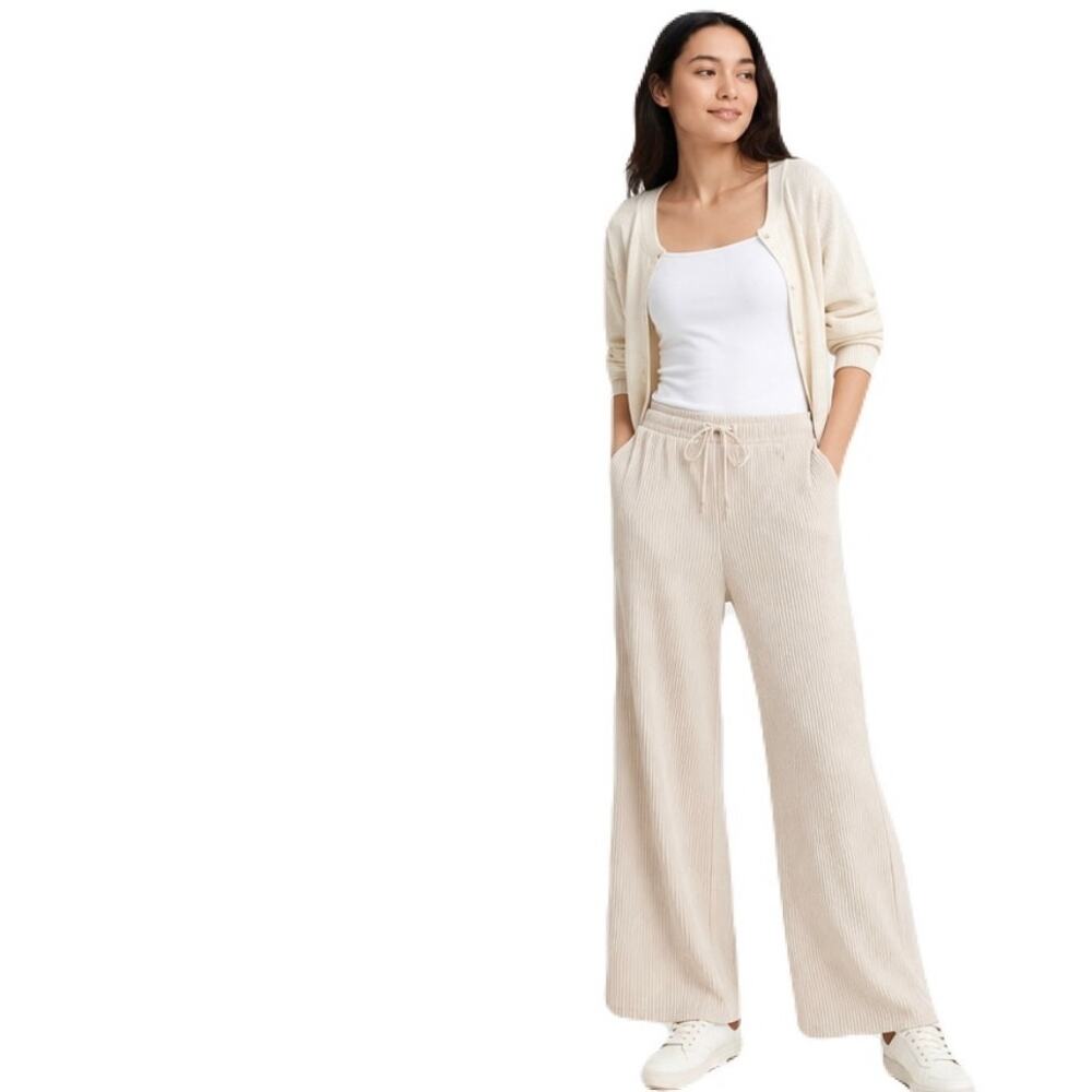 UNIQLO Women's Ribbed Wide Leg Pants Cream Beige Drawstring Lounge Pants Size M